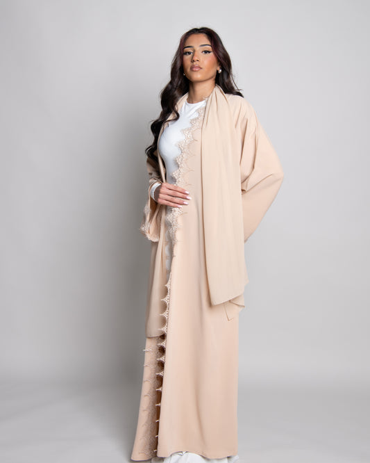 Warm beige lace abaya set